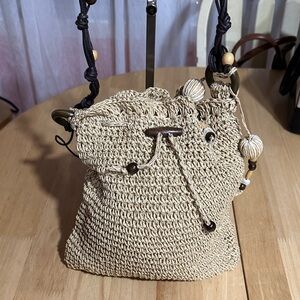 Beige Woven Drawstring Bag
